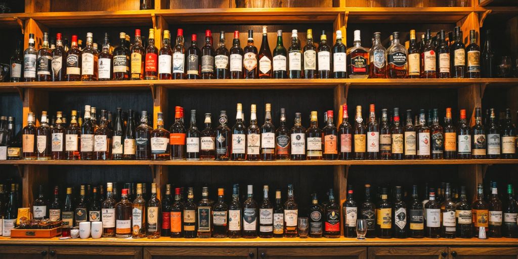 Colorful liquor bottles on shelves in a store.