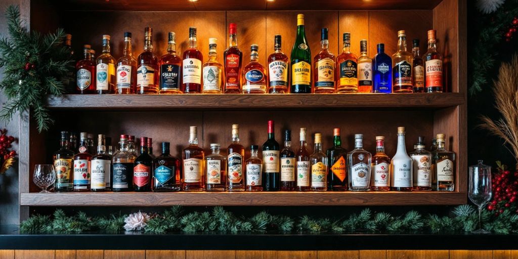 Colorful liquor bottles on a wooden shelf for celebration.