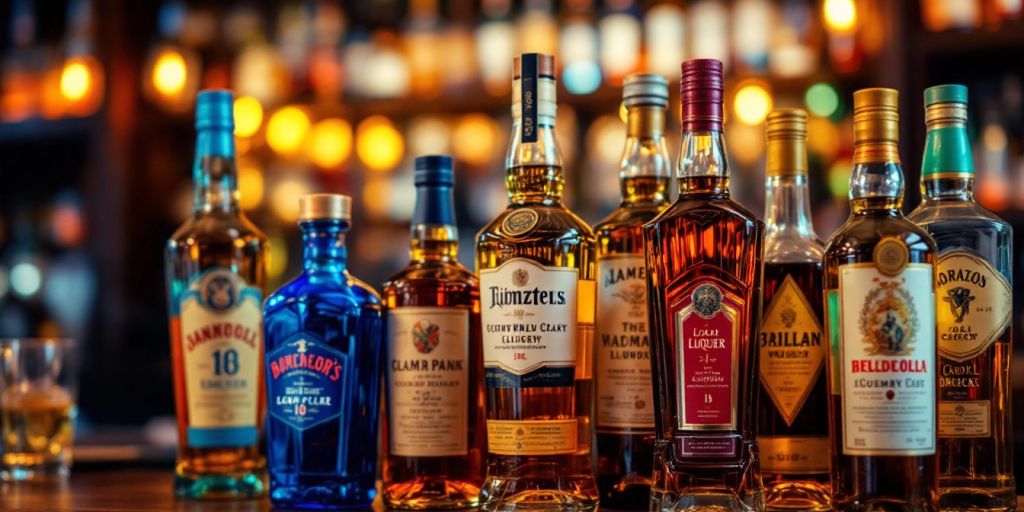 Colorful liquor bottles on a wooden shelf in a bar.