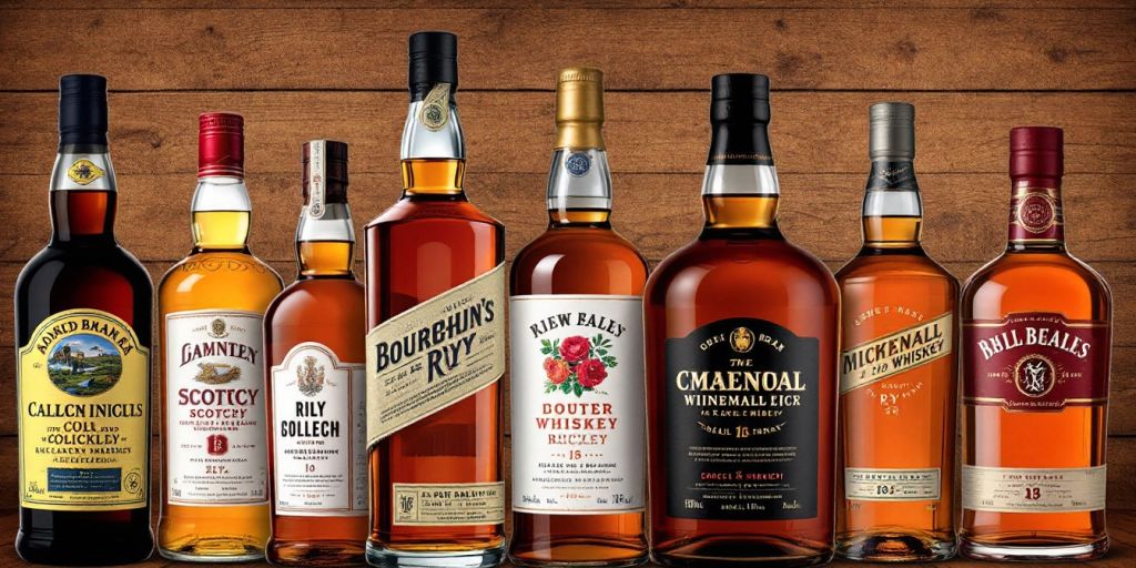 Assorted whiskey bottles on a wooden surface.