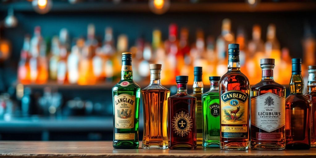 Colorful liquor bottles on a wooden shelf in a bar.