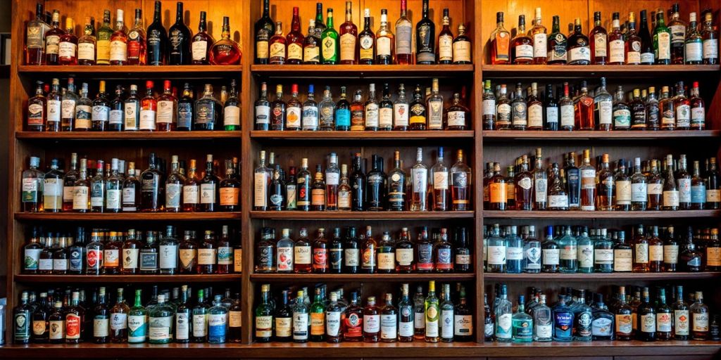 Bouteilles de liqueur colorées sur des étagères en bois dans un magasin.