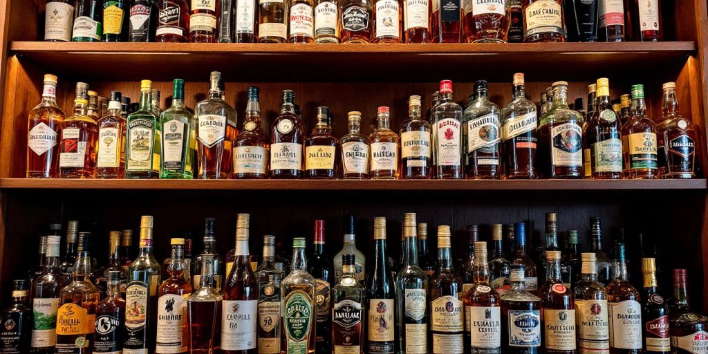 Colorful liquor bottles on a wooden shelf.