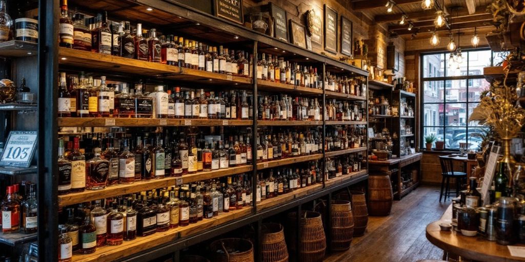 Interior of a whiskey store with shelves of bottles.