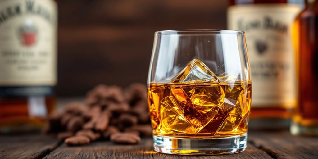 Whiskey glass with amber liquid and bottles in background.